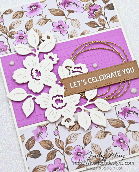 Close up of the celebration card using the pretty Berry Burst colour way of the Floral Charm DSP and the large detailed die cut from the Charming Day Dies.  The card would work for lots of celebratory occasions.
