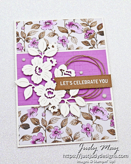 A celebration card using the pretty Berry Burst colour way of the Floral Charm DSP and the large detailed die cut from the Charming Day Dies.  The card would work for lots of celebratory occasions.