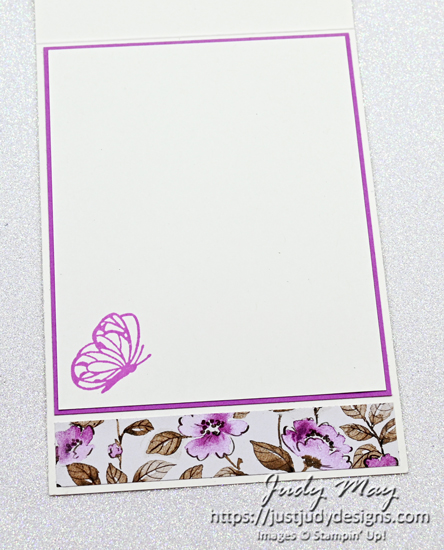 The inside of the celebration card using the pretty Berry Burst colour way of the Floral Charm DSP and the large detailed die cut from the Charming Day Dies.  