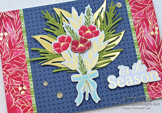 This lush Christmas card features the beautiful Traditions of Christmas Specialty Designer Series Paper and the Greetings for You Ephemera.