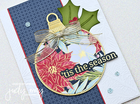 A beautiful big Christmas Bauble featuring the Traditions of Christmas DSP is the focus of this striking Christmas card.
