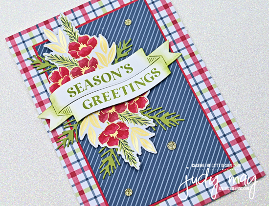 Close up of the embellishment using 3 layers created with the Queen Anne's Lace die from Beautiful Motif Dies. Head over to my blog for more details. This is a pretty Christmas card using the plaid design from the Traditions of Christmas DSP with the foil accented flowers for the embellishment.